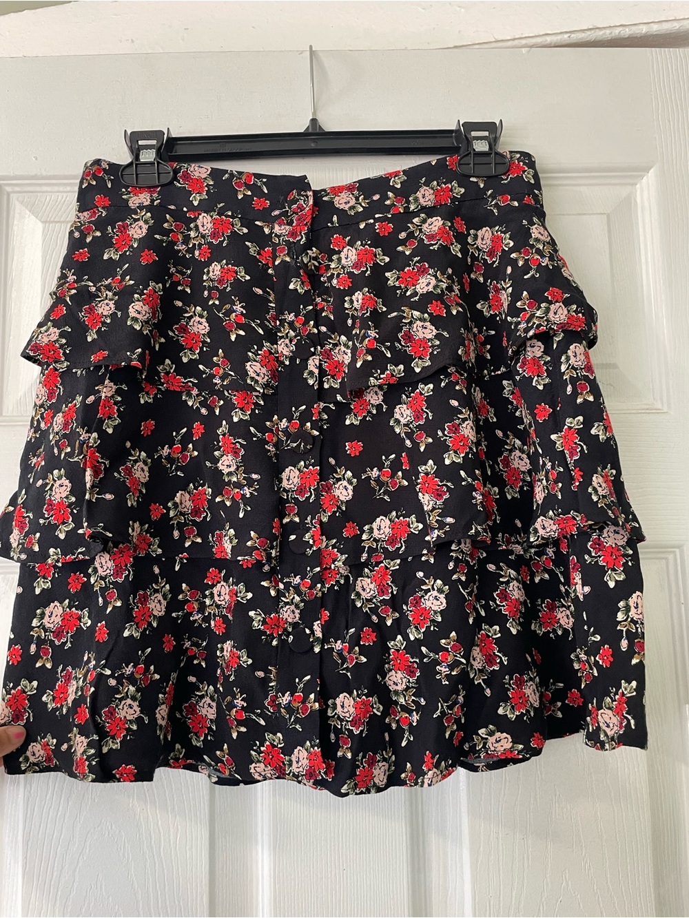 ZARA Tiered Floral Mini Skirt - Black with Red & Pink Roses